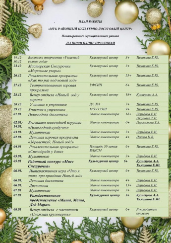 Планы мероприятий на Новогодние каникулы